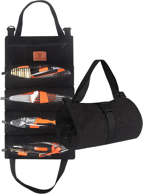 Roll Up Tool Bag, 16OZ Canvas Wrench Roll Up Pouch Multi-Purpose Tool Roll Organize, 5 Zippered Tool Pockets (Black)...