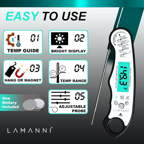 Instant Read Meat Thermometer for Cooking, Fast & Precise Digital Food Thermometer with Backlight, Magnet, Calibration, Foldable Probe, Waterproof...