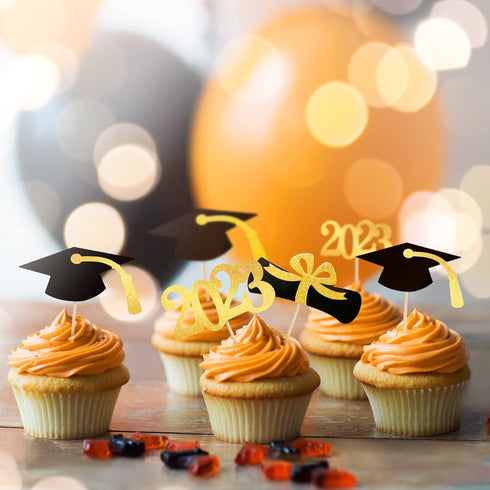 48 PCS Graduation Cupcake Toppers - 2023 Graduation Decoration, Glitter Class of 2023 Food Appetizer Picks, Graduation Theme Party Supplies Gold M...