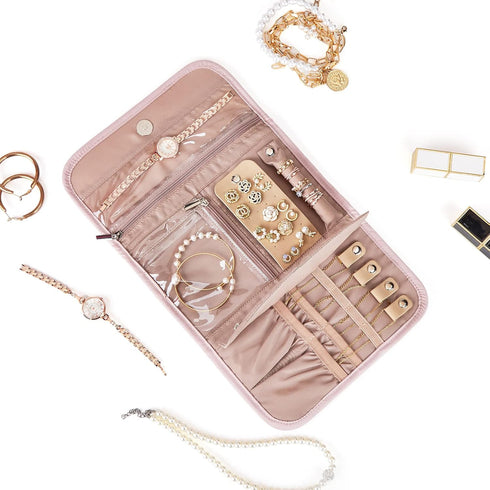 BELALIFE Travel Jewelry Case Organizer, Foldable Jewelry Storage Roll for Earrings, Necklaces, Rings, Bracelets, Brooches, Pink...