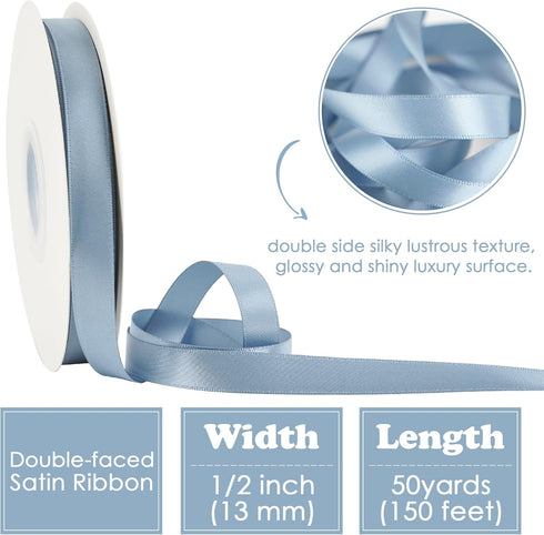HUIHUANG Dusty Blue Satin Ribbon 1/2 inch X 50 Yards Continuous, Blue Double-faced Satin Ribbon for Gift Wrapping, Bows, DIY Crafts, Flower Bouque...