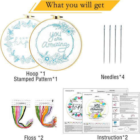 Yutaohui 2 Sets Embroidery Kits,Funny Embroidery Kit Flowers with Encouraging Words,Embroidery Kit for Beginners,Cross Stitch Kit Beginner,Embroid...