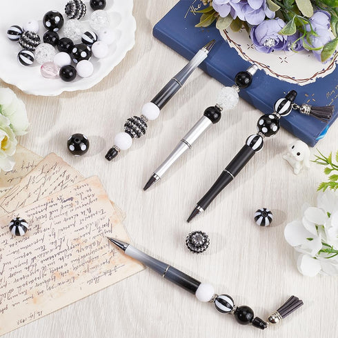 SUNNYCLUE DIY 12 Sets Beadable Pen with Beads Black White Acrylic Bead Pen Making Kit 20mm Rhinestone Bubblegum Beads Ballpoint Pens Beaded Pen Su...