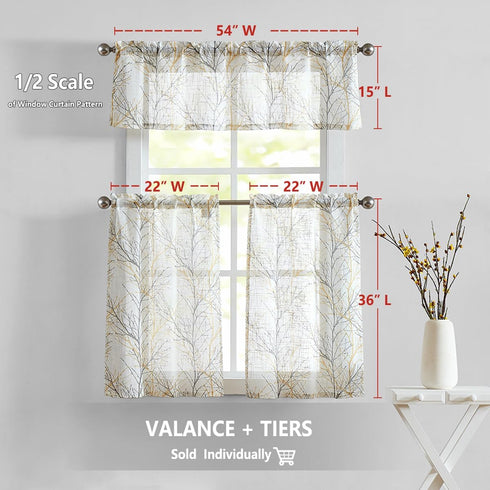 FMFUNCTEX Window Valance Curtains Yellow Grey Tree Branch Print on Semi Sheer White Short Valance for Kitchen Bathroom Rod Pocket Window Treatment...