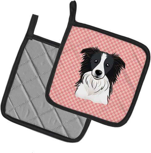 Caroline's Treasures BB1241PTHD Checkerboard Pink Border Collie Pair of Pot Holders Kitchen Heat Resistant Pot Holders Sets Oven Hot Pads for Cook...