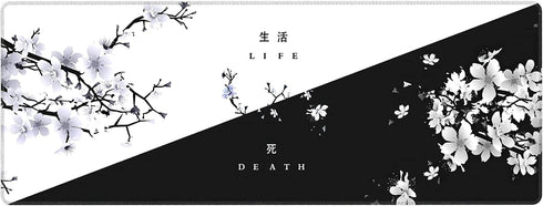 Black White Cherry Blossom Mouse Pad Japanese Sakura Death Life Flower Extended Desk Mat 80X30 cm Non-Slip Rubber Base Stitched Edge Large XL Play...