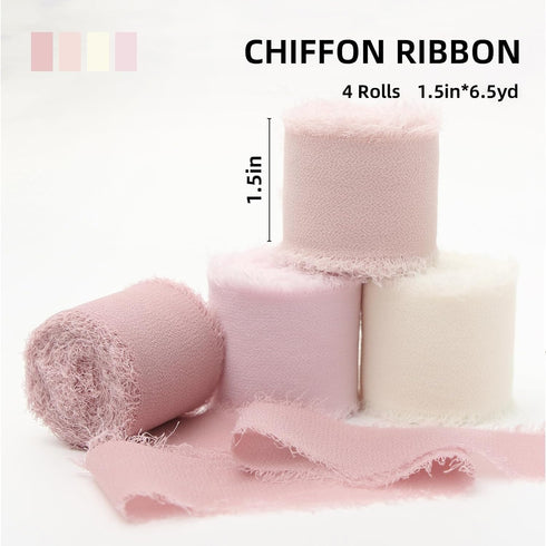 4 Rolls Pink Chiffon Ribbon 1.5" X 6.5Yd Pink & Cream Fringe Chiffon Wedding Silk Handmade Ribbon for Bridal Bouquets Wedding Invitations DIY Deco...