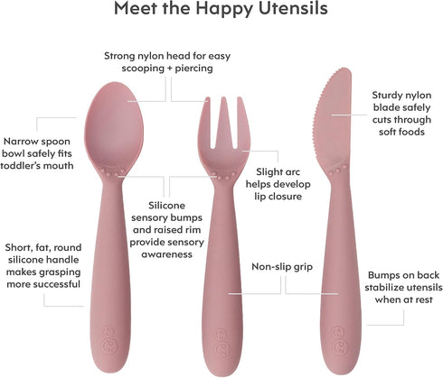 ezpz Happy Utensils - 24 Months+ (Blush) - BPA Free Toddler Utensils - Fork, Spoon and Knife for Toddlers and Preschoolers - Kids Utensils for Sel...