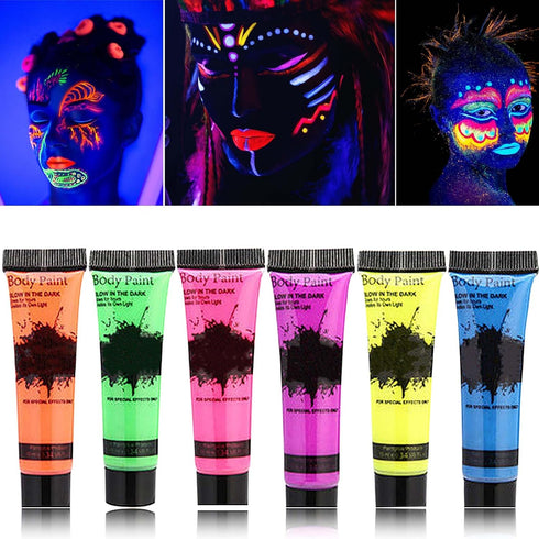 6 Pcs Glow in Dark Face Body Paint,Neon Fluorescent Blacklight Glow Face Makeup Set,Washable & Quicker Dry Neon Face Body Paint for Party Supplies...