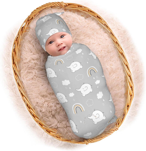 Elephant Grey Rainbow Baby Newborn Swaddling Blanket with Beanie Hat Set, Baby Stuff Newborn Receiving Blanket for Baby Boy Girl Swaddles Wrap for...