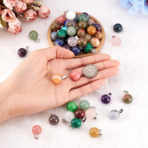FASHEWELRY 50Pcs Chakra Round Stone Pendants Mixed Healing Crystal Quartz Gemstone Charms for Necklace Jewelry Making Hole: 2x7mm...