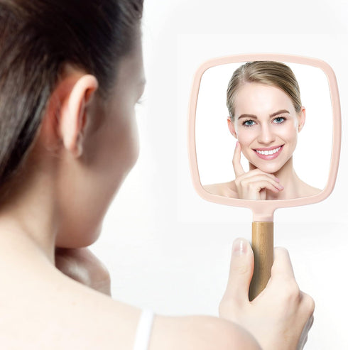 YEAKE Hand Held Mirror with Handle for Makeup,Small Cute Wood Hand Mirror for Shaving with Hole Hanging Single-Sided Portable Travel Vanity Mirror...