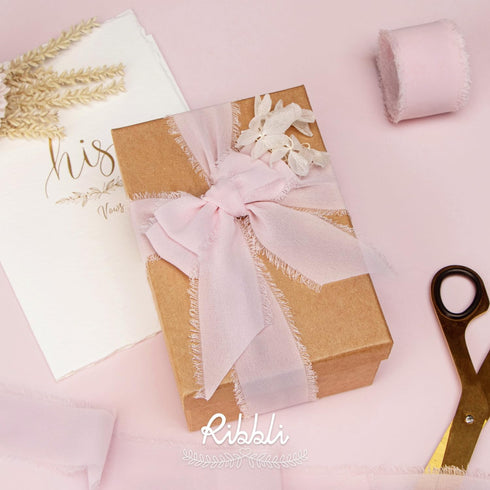 Ribbli Pale Blush Pink Chiffon Ribbon 1-1/2 inch x 20 Yard Handmade Fringe Chiffon Silk Ribbon, Pale Blush Ribbon for Wrapping, Wedding Invitation...