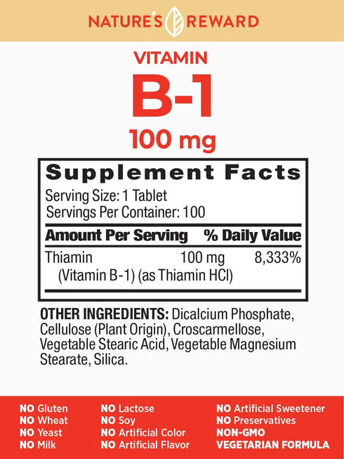 Nature's Reward Vitamin B1 100mg (Thiamine) - 100 Count - Vegetarian, Non-GMO & Gluten Free Supplement...