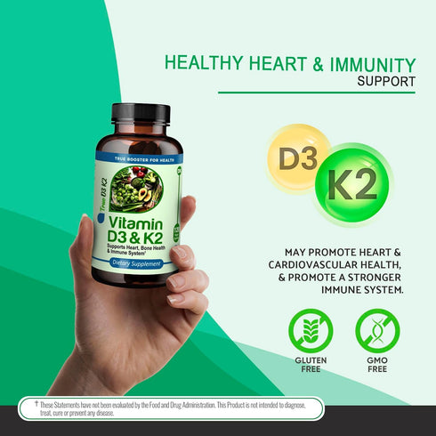 True Booster for Health Vitamin D3 & K2 Capsules - 125mcg D3 (5000 IU) & 90mcg K2 - Heart, Bone, and Immune Support - 120 Vegetarian Capsules - Ea...