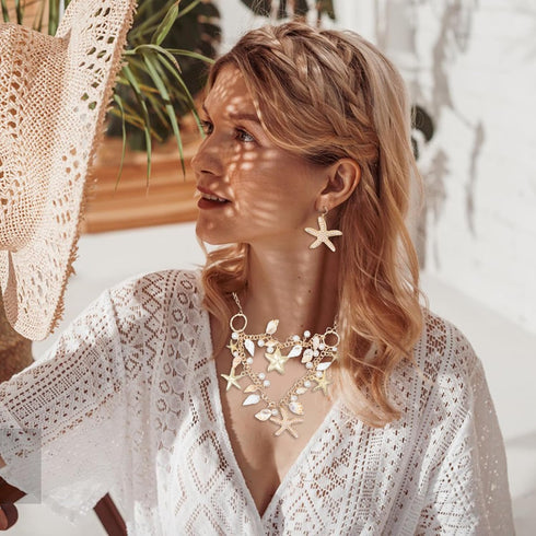 Honbay 1PCS Fashion Starfish Shell Conch Faux Pearl Choker Necklace Statement Chunky Necklace and 1 Pair of Starfish Dangle Drop Earrings with Pea...