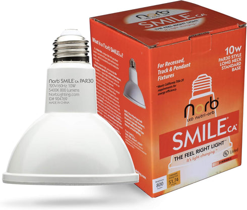 NorbSMILE CA California Energy Compliant Advanced Full Spectrum, Par 30 Long Neck, 10W LED Flood Style Light Bulb, Natural SUNLIKE Spectrum - Brin...