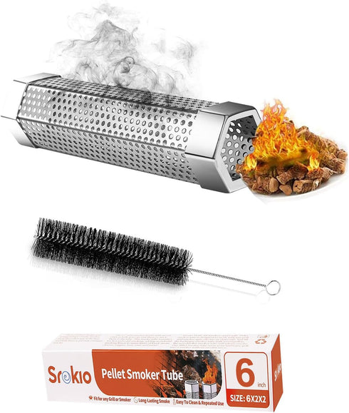 Smoke Tube for Pellet Smoker-SROKIO 6 Inch Smoke Tube BBQ Stainless Steel for Pellet Smoker Hot or Cold Smoker Accessories, with Brush...