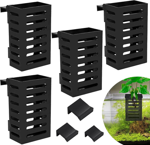 4 Pack Aquarium Plant Holder-Hanging Aquarium Planter Holder, Aquatic Plant Cup, Plastic Aquatic Plant Pot with 3 Size Hooks Aquarium Decorations ...