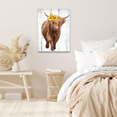 Sunflower Highland Cow Wall Art: Funny Farm Animal Canvas Picture Painting, Rustic Farmhouse Artwork Decor Bathroom Decoration, Cute Brown Cattle ...