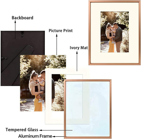 Golden State Art, Rose Gold 8x10 Aluminum Frame for 8 x 10 Picture or 5x7 Photo with Mat - Shatter - Resistant Glass - Wall or Tabletop Display - ...