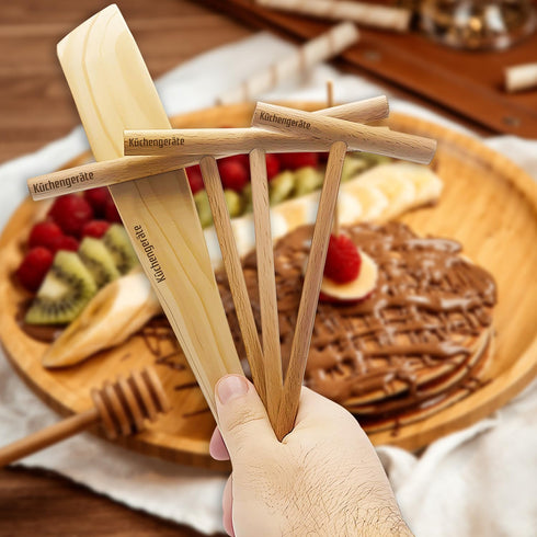 Kuchengerate Crepe Maker Set - 3.5" 5" 7" inc Spreader Stick & 12" inc Spatula Turner - T Shaped Structure - Handmade Natural Beech Wood - No Pain...