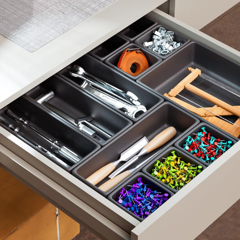 Interlocking Drawer Organizer Bins, Durable Plastic, Various Sizes for Custom Layout Design, Great for Desk Drawer, Tool Box or Garage Organizatio...