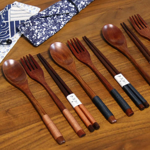 Wooden Chopsticks Spoon Fork Set Japanese Style Tableware Travel Utensils with Pouch for Camping,Picnic,Office or Home (Style A)...
