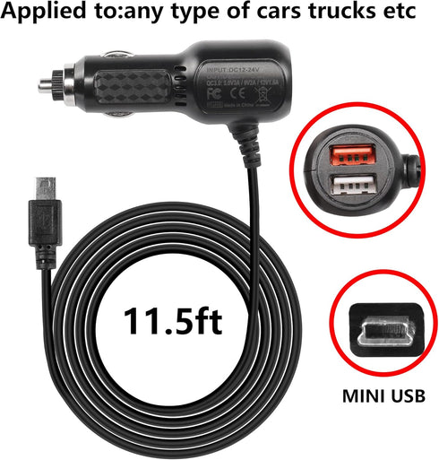 MEIRIYFA Dash Cam Power Cable, Dash Cam Charger Mini USB, QC3.0 Fast Vehicle Car Charger with Dual USB Ports for Various Models of Car DVR, Naviga...