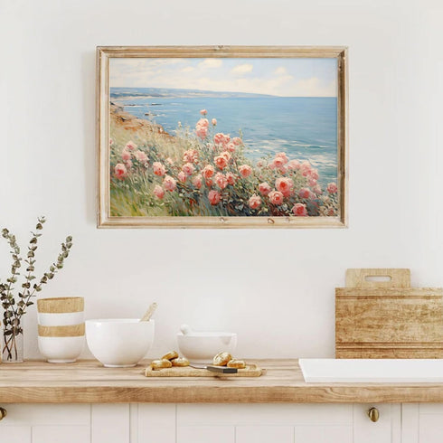 Flower Field Canvas Wall Art Spring Landscape Prints Wildflower Field Poster Vintage Flower Landscape Wall Art Spring Floral Artwork Pink Flower L...