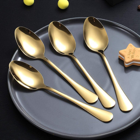Gold Dinner Spoon of 4, Berglander 7.5" Stainless Steel Titanium Plating Shiny Gold Soup Spoons Silverware, Golden Soup Spoon Table Spoon Set Stur...