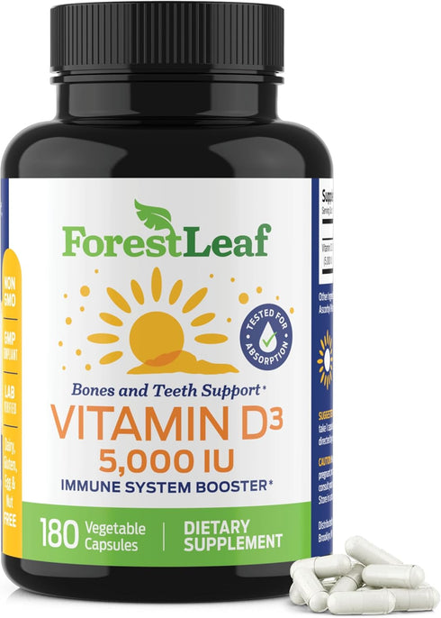 ForestLeaf Vitamin D3 5000 IU - Bone Health and Immune Support - Small Easy to Swallow Vegetable Capsules - Non-GMO Gluten Free VIT D - VIT D3 Vit...
