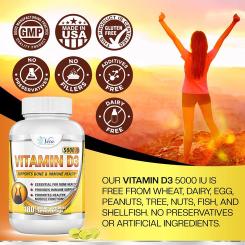 Vitamin D3 5000 IU Softgels High Potency Vitamin D Supplements for Women Men in Organic Flaxseed Oil May Support Healthy Bones Heart Muscle Functi...