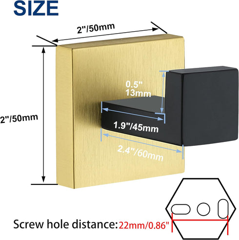 Towel Hooks for Bathrooms, Black & Gold Towel Hook for Kitchen Bathroom, SUS304 Stainless Steel Coat Hook, Square Heavy Duty Robe Hooks for Hangin...