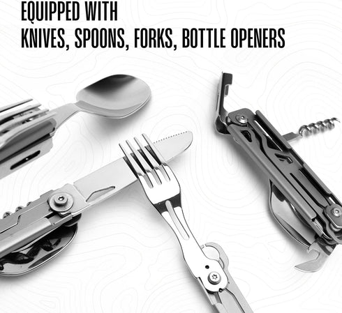 Camping Utensils - 4 In 1 Stainless Steel, Safety Locking Camping Accessories with Durable Sheath - Compact Multi Tool For Camping With Knive, Spo...