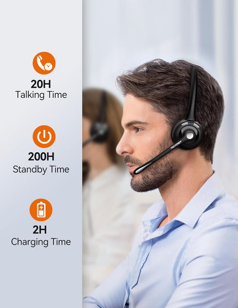 TECKNET Bluetooth Headset, Wireless Headset with Noise Canceling Microphone for Trucker, On-Ear Bluetooth Headset with Mute Mic for Work, Cellphon...
