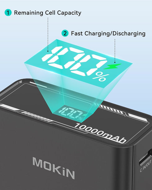 MOKiN Fast Charging 30W Portable Power Bank, 10,000mAh Battery Pack Charger, USB C PD3.0 QC4.0 with Digital Display, USB C Cable, 1 USB C, 1 USB A...