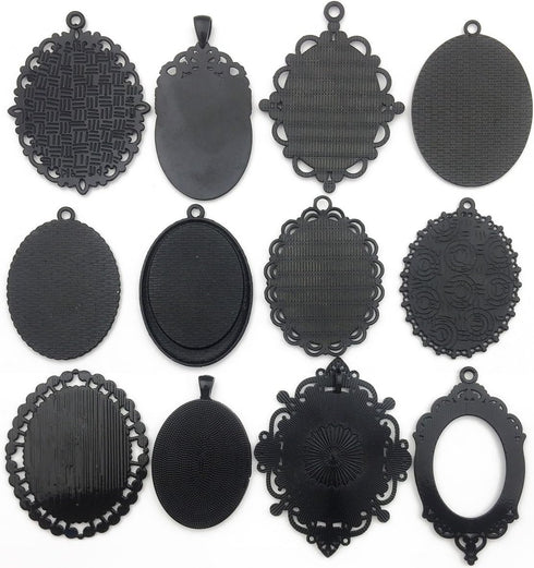 10pcs 30x40mm Black Oval Blank Bezel Pendant Trays Base Cabochon Settings Trays Pendant Blanks (M117)...