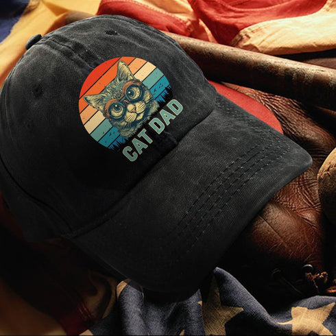 Cat Dad Adjustable Washed Cotton Baseball Cap, Funny Cat Retro Trucker Hat Gift for Men Grandpa Dad Cat Lover...