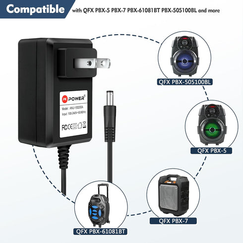 PKPOWER AC DC Adapter for QFX PBX-505100BL PBX-505100 Port Tailgate Bluetooth Speaker, Power Supply for QFX PBX-7 8" PBX-61081BT PBX-5 PBX-10700 6...