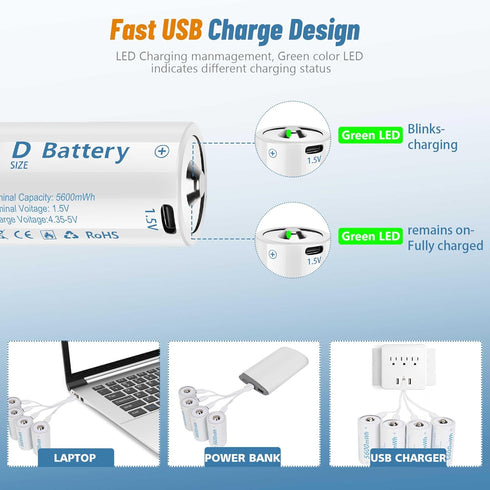 Rechargeable Lithium D Batteries with 4 in 1 USB-C Charging Cable,1.5V D Size Cell Battery 5600mWh for Flashlight (2 Pack)...