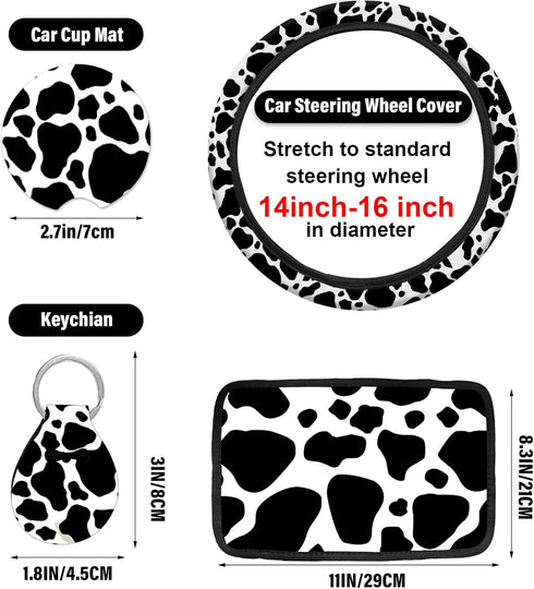 10 Pieces Cow Car Steering Wheel Cover Center Console Armrest Pad Headrest Seat Belt Cover Handbrake Cover Keychain Coaster Full Set Car SUV(Cow)...