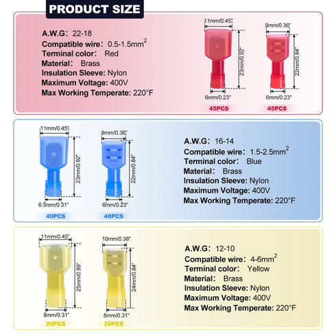 Twidec/210PCS Nylon Spade Connectors Kit 22-10 Gauge Male and Female Wire Spade Terminal Quick Disconnect Fully Insulated Wire Crimp Connector for...