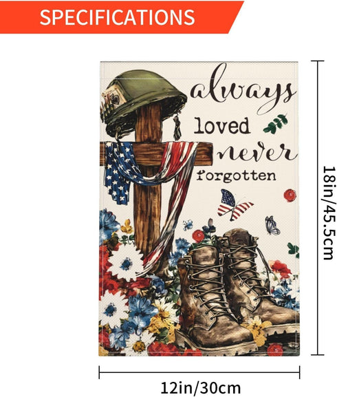 American Flag Soldiers Boots Garden Flags 12 x 18 Inch Double Sided 4th of July Garden Flag Burlap Memorial Day Patriotic Always Remember Never Fo...