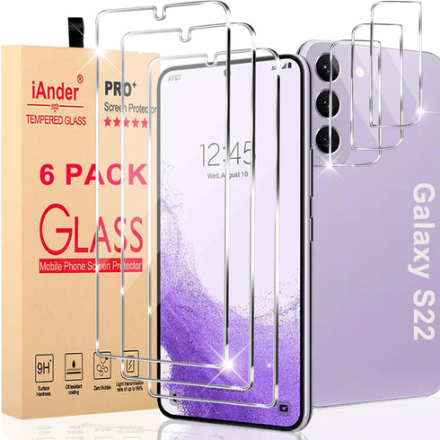 iAnder 3 Pack Galaxy S22 Screen Protector, 3 Pack Camera Lens Protector with Easy Installation Tray, Supports Fingerprint Sensor, HD Retina Clarit...