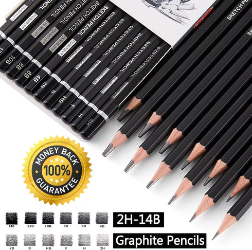 PANDAFLY Professional Drawing Sketching Pencil Set - 12 Pieces Graphite Pencils(14B - 2H), Ideal for Drawing Art, Sketching, Shading, Artist Penci...