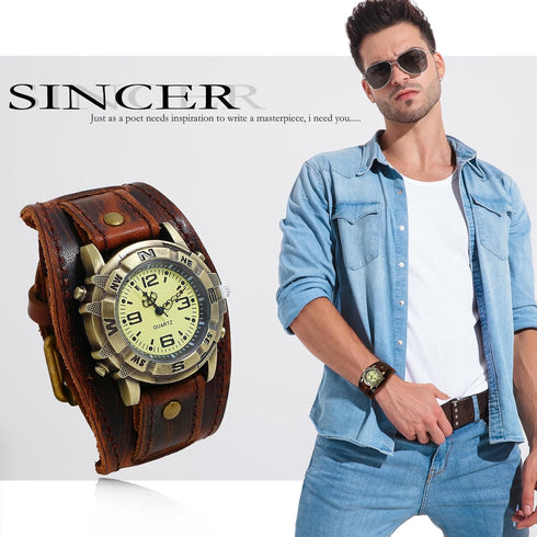 Gothic Punk Leather Watch: Men Vintage Steampunk Halloween Quartz Analog Bracelet Watches Retro Hip-hop Waterproof Cuff Wristwatch...