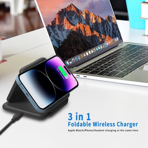 Wireless Charger 3 in 1,Wireless Foldable Charging Station,Magnetic Fast Wireless Charging Pad Compatible with iPhone 15/14/13/12 Pro Max,Apple Wa...