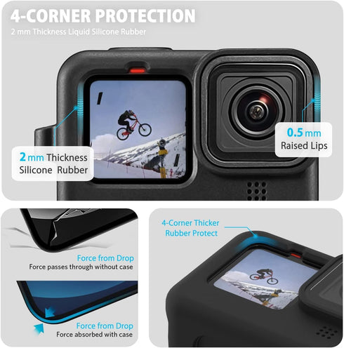 Accessories Kit Protective Soft Silicone Case for GoPro Hero 12/11/10/9 Black, Sleeve Case with Rubber Lens Cover + Screen Protector + Battery Sid...