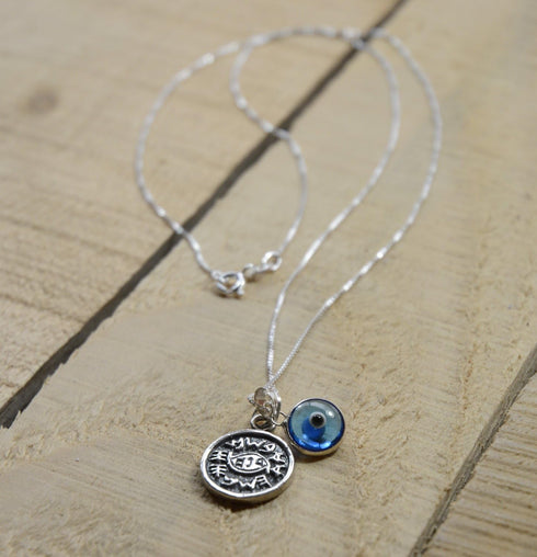Silver Coin Protection Charm Necklace - 20" Silver Box Chain with Blue Evil Eye Glass Charm - Unisex Pendant for Protection - Includes Cotton Pouc...